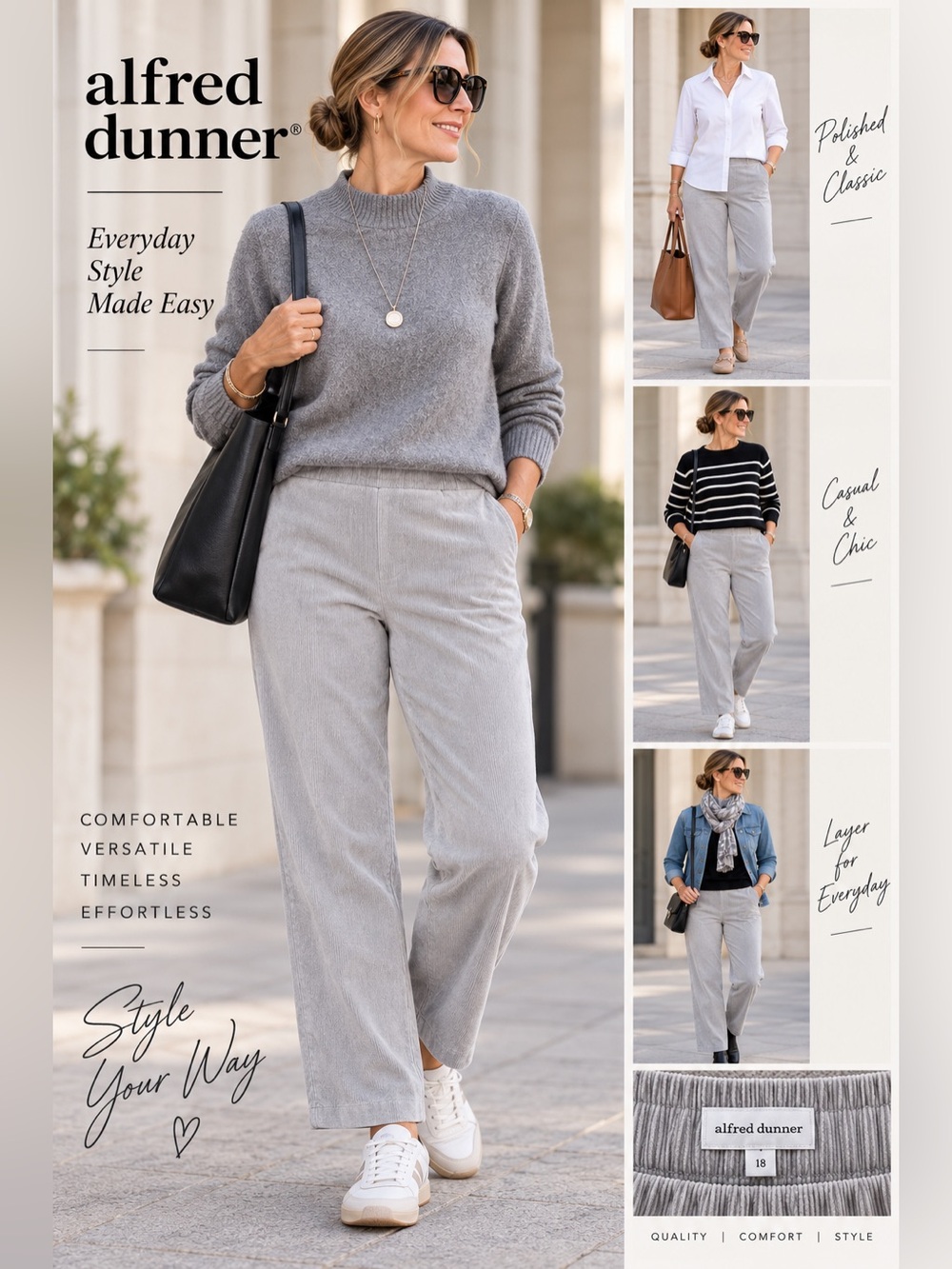 Alfred Dunner Light Gray Corduroy Wide-Leg Pants